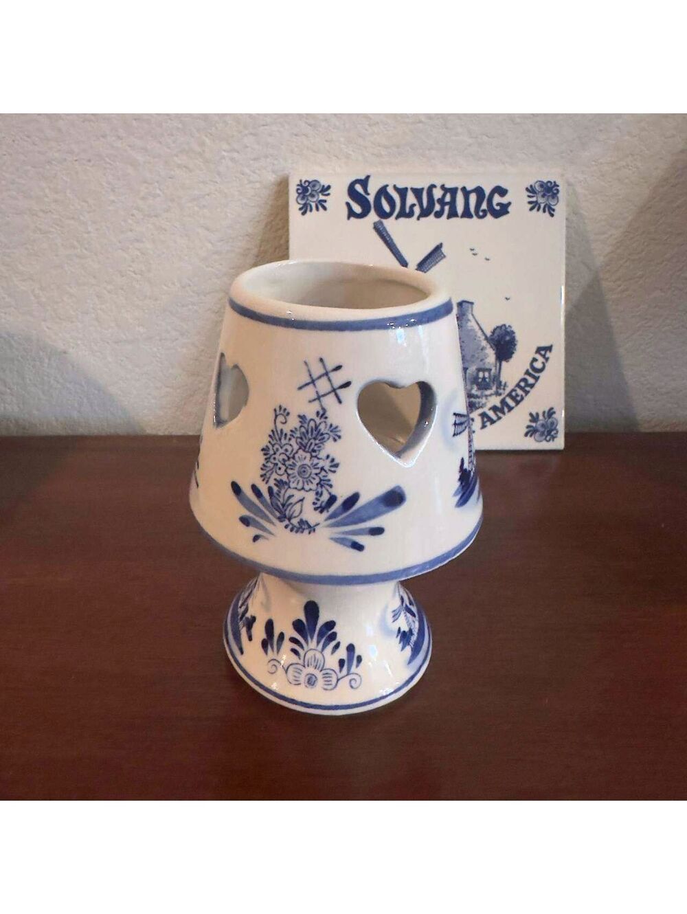 Vintage Delft Blue & White 2 Piece Decor Bundle Solvang Wall Plaque, Fairy Lamp